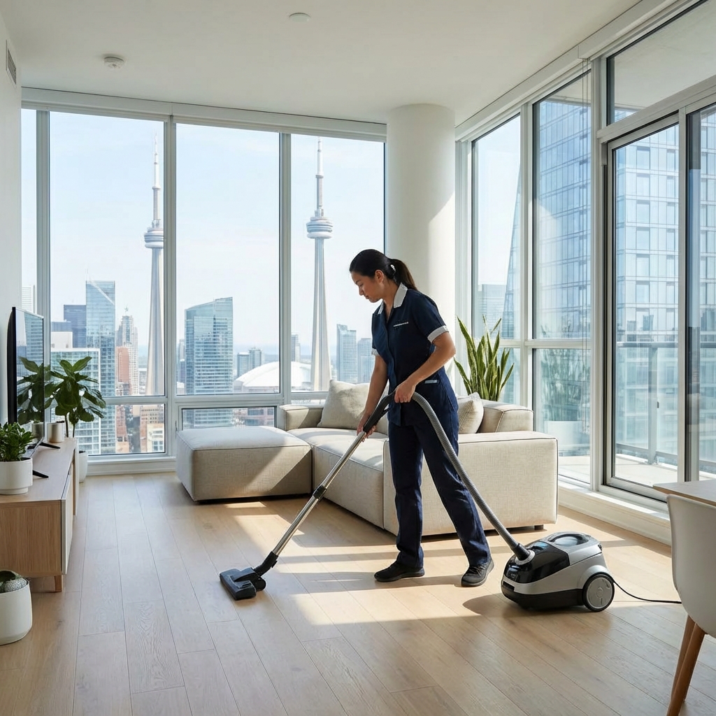 Professional cleaner providing condo cleaning service in a modern Toronto high-rise apartment