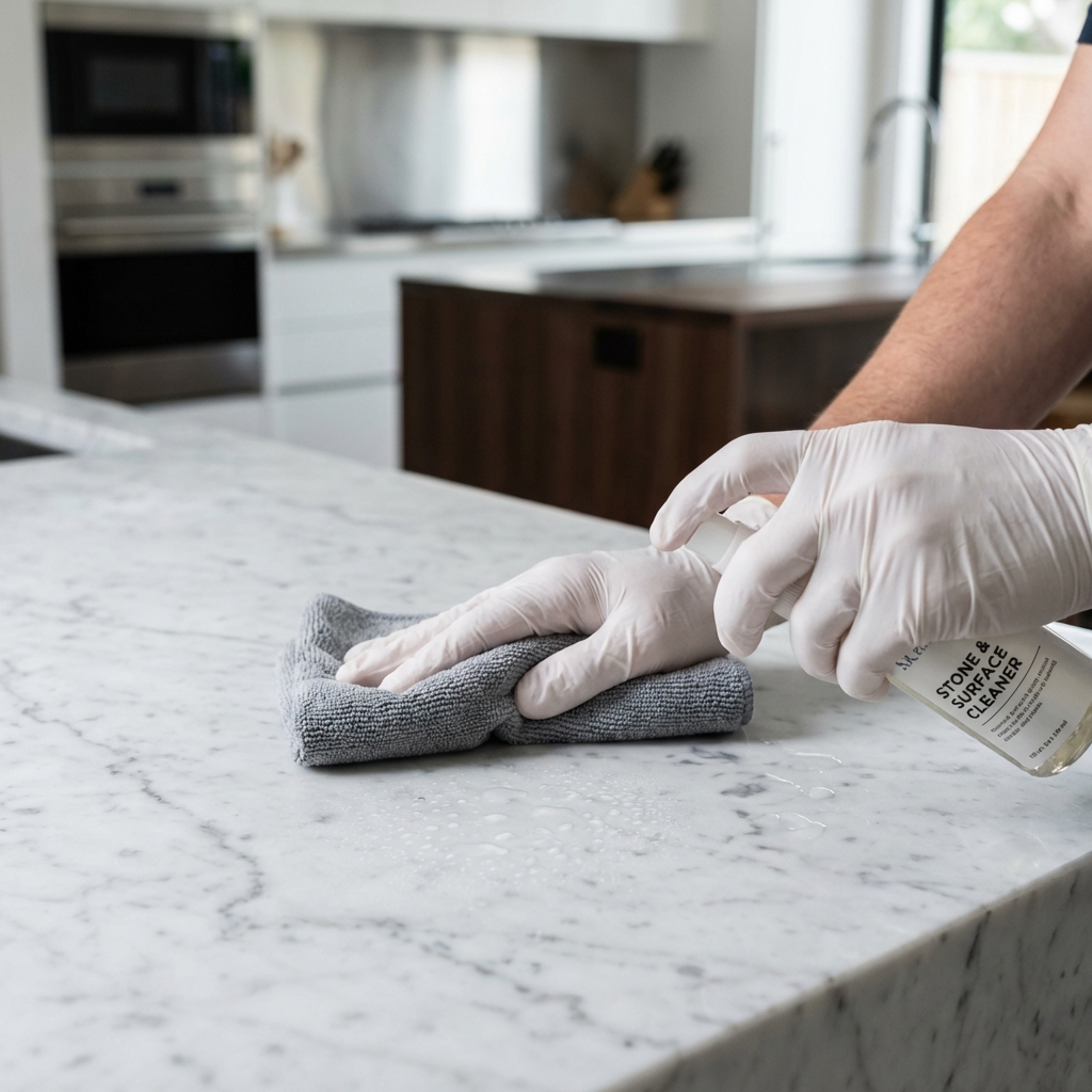 Professional cleaner cleaning a marble countertop